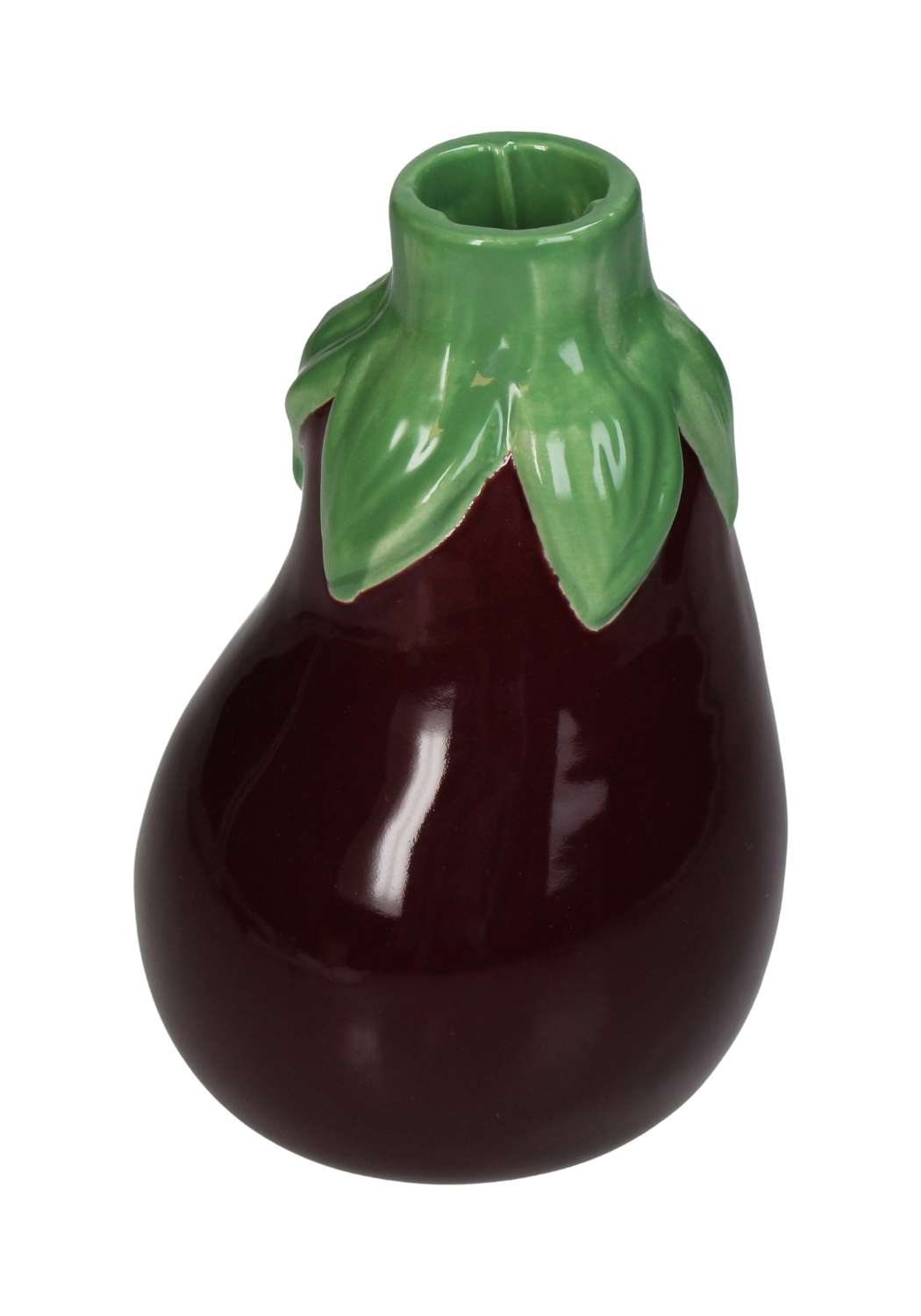 A glossy dark purple ceramic aubergine bud vase shaped like an eggplant with a green leafy stem