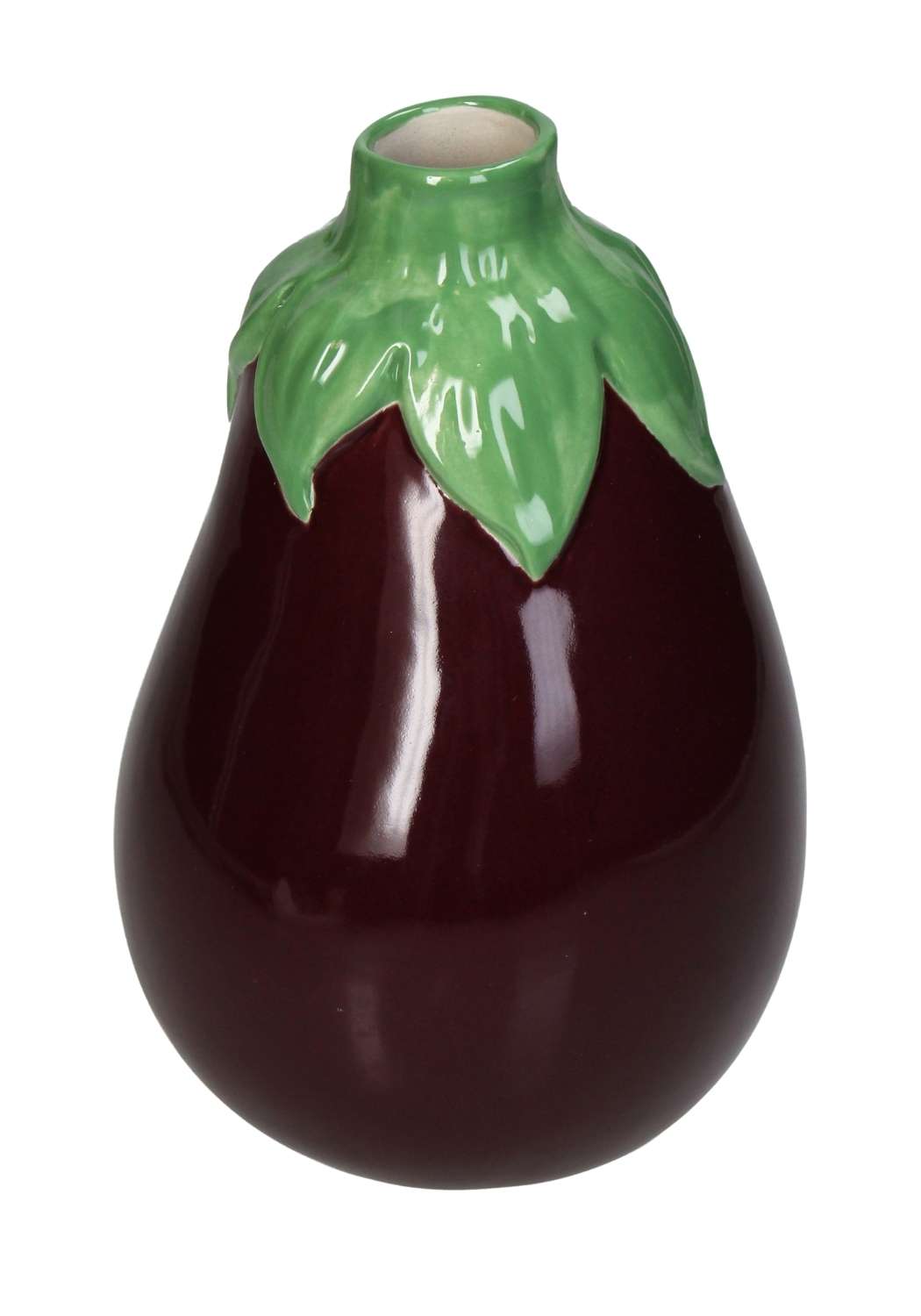 A glossy dark purple ceramic aubergine bud vase shaped like an eggplant with a green leafy top