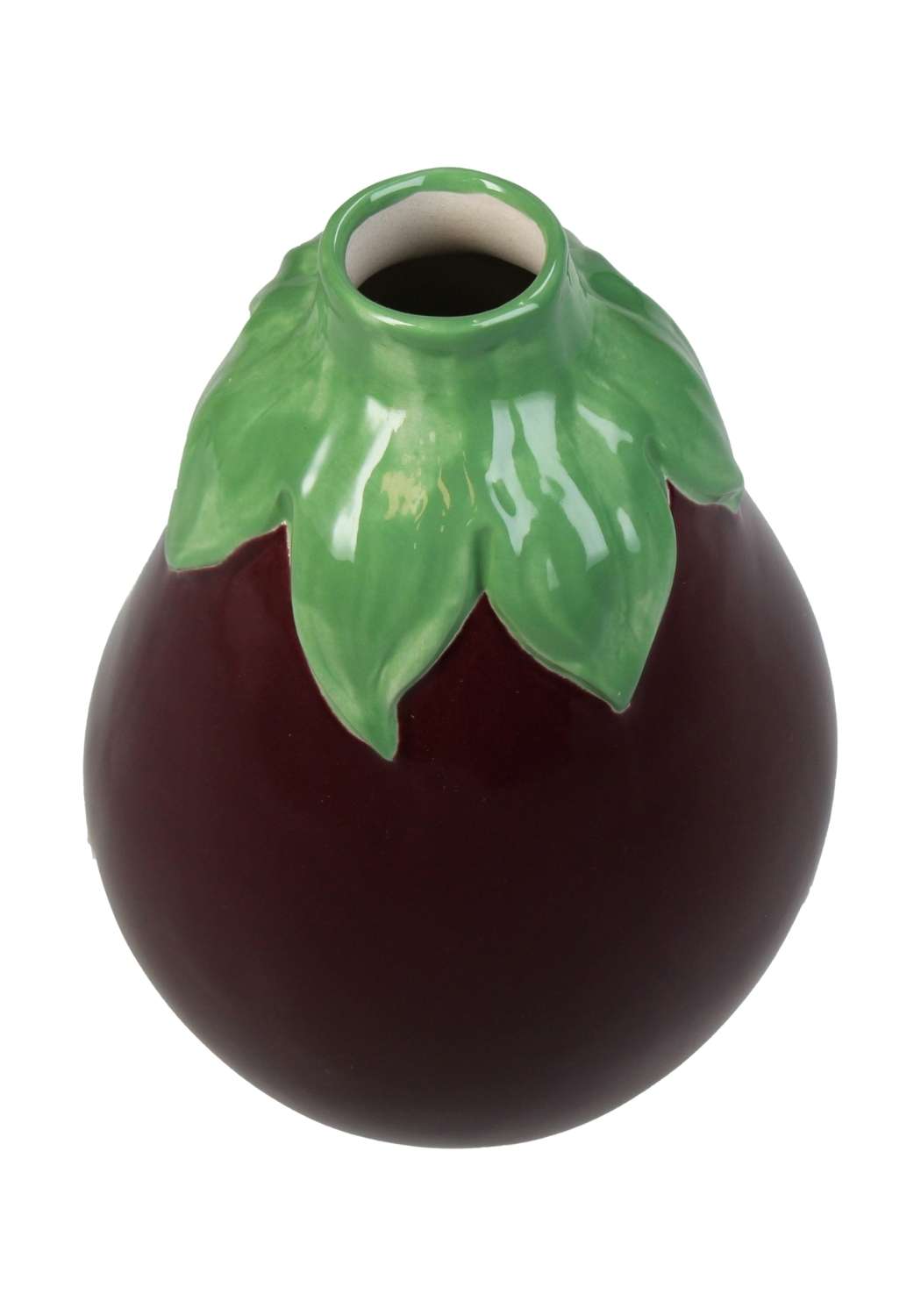 A glossy dark purple ceramic aubergine bud vase shaped like an eggplant with a vibrant green leafy stem