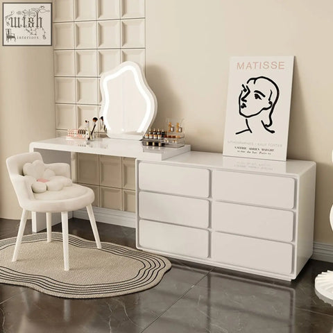 Cream aubrey dressing table set with white vanity, illuminated mirror, and multiple side drawers for storage