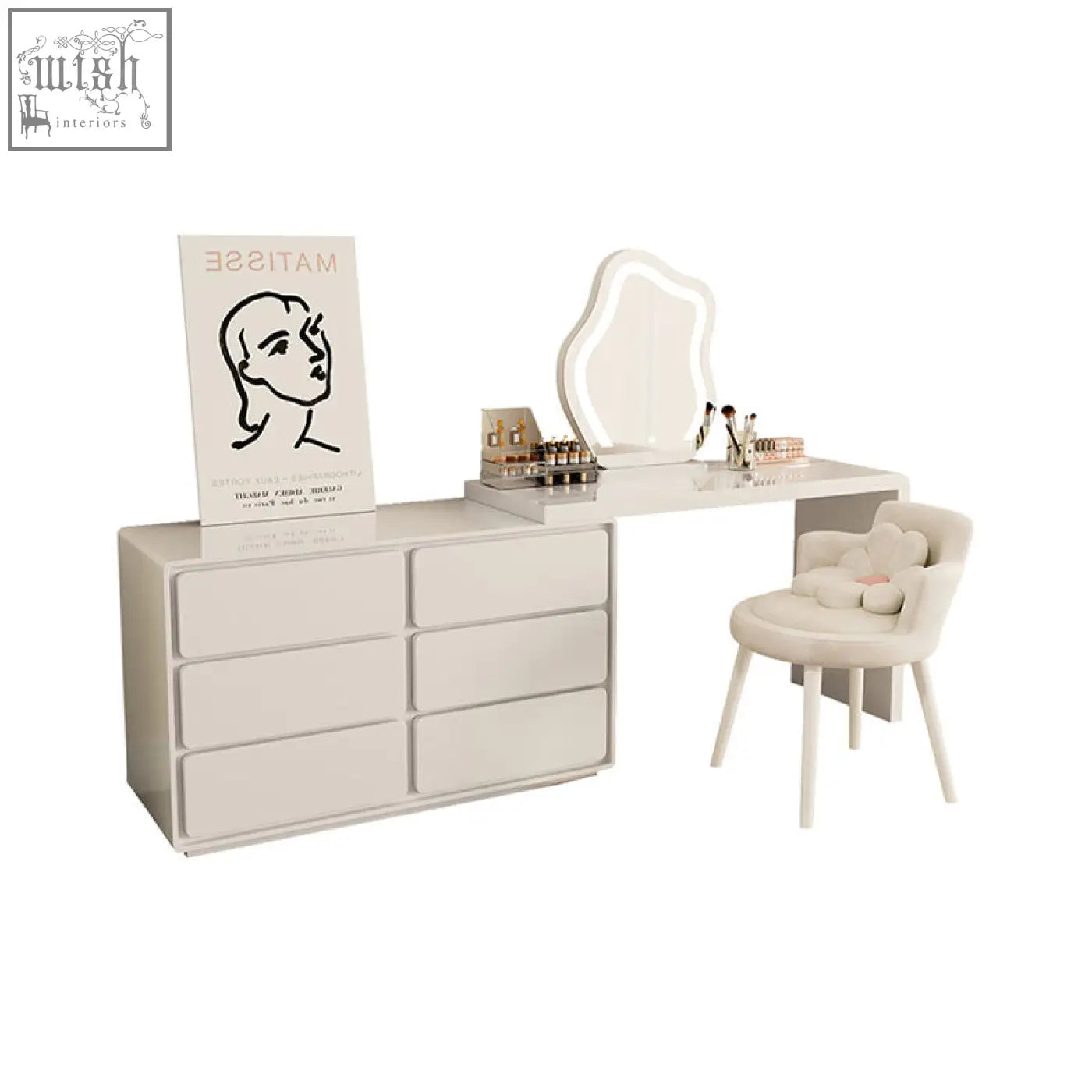 Modern cream dressing table set with sleek white vanity and six drawers featuring an integrated mirror