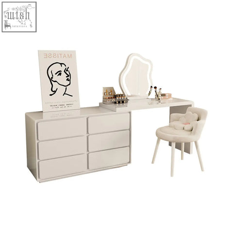 Modern cream dressing table set with sleek white vanity and six drawers featuring an integrated mirror