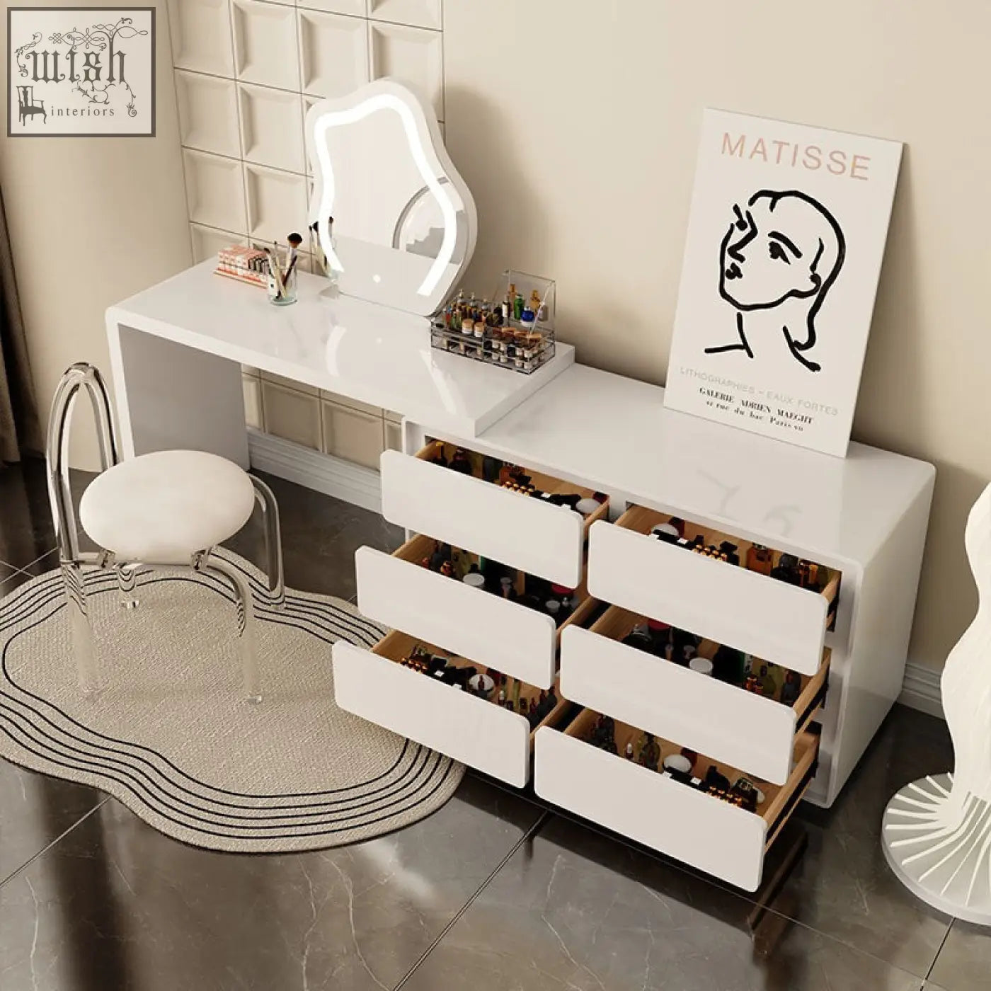 Cream aubrey dressing table set with six drawers and built-in illuminated mirror white glossy vanity table set