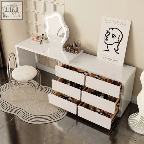 Cream aubrey dressing table set with six drawers and built-in illuminated mirror white glossy vanity table set