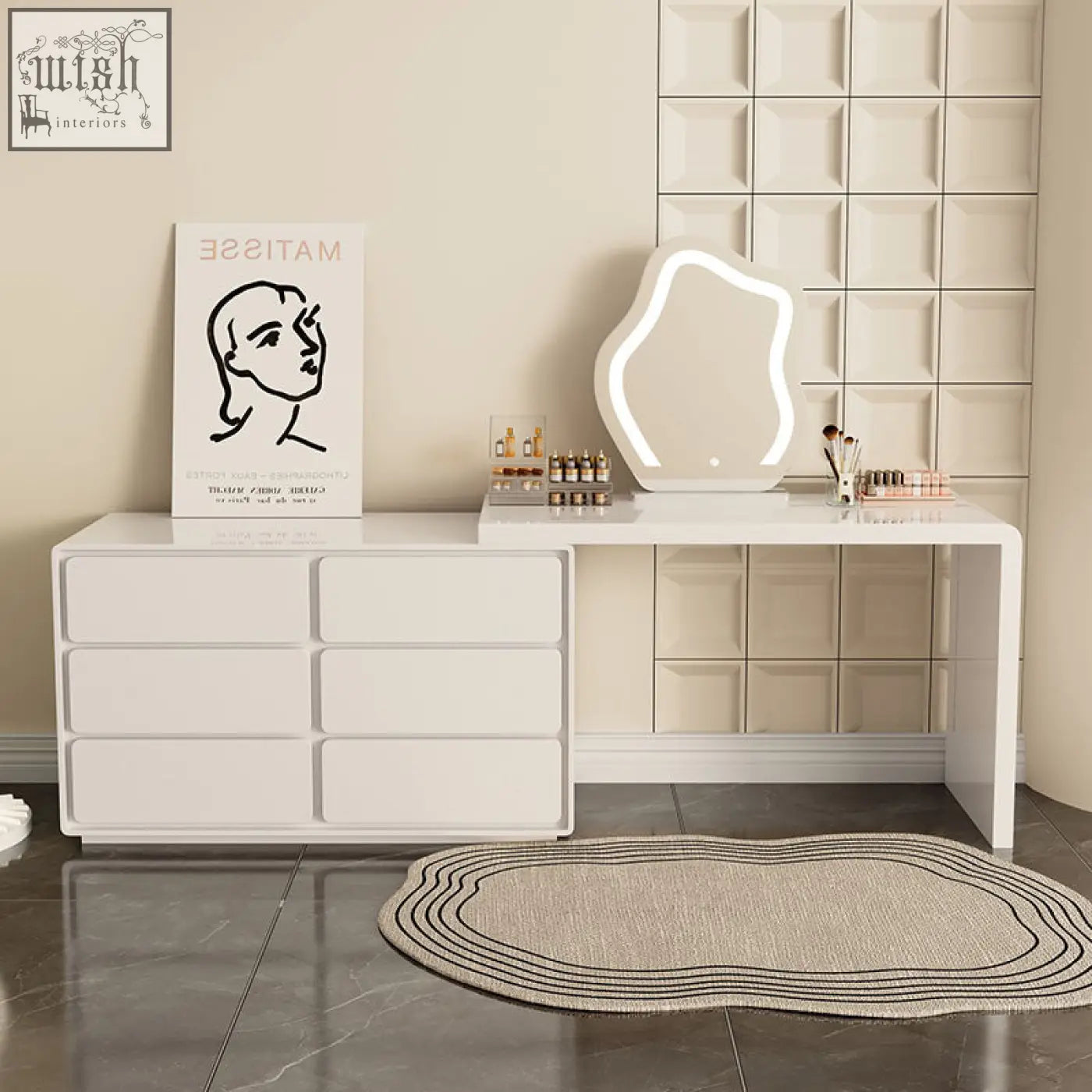 Cream aubrey dressing table set with sleek modern design white vanity table and integrated side drawer