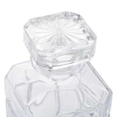 Clear crystal auclair decanter with a faceted octagonal stopper and two matching tumblers for stylish serving