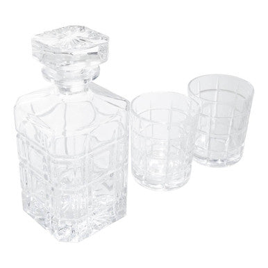 Clear crystal auclair decanter with faceted square stopper and two tumblers featuring geometric patterns