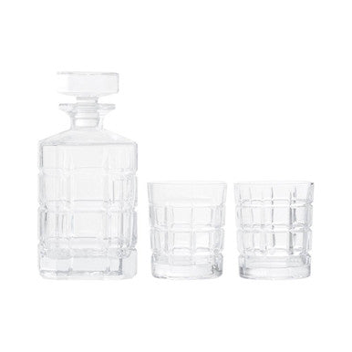 Clear crystal auclair decanter with a geometric grid pattern and two matching tumblers for stylish serving