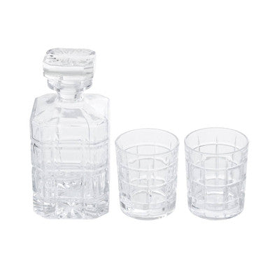 Clear crystal auclair decanter with geometric faceted design and two matching tumblers for stylish serving
