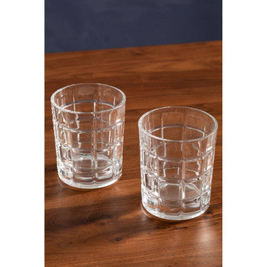 Clear glass Auclair decanter with two tumblers featuring a textured grid pattern for stylish drinkware sets