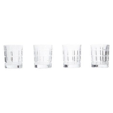 Set of four clear glass tumblers with a faceted geometric pattern from the auclair set of four check glass tumblers
