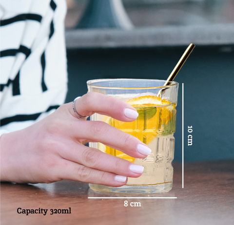 Clear glass tumbler from auclair set featuring textured ribbed design gold rim perfect four check glass tumblers