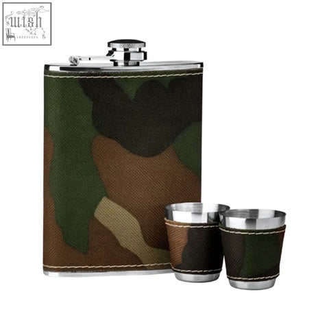 Auden camouflage hip flask and shot glasses set with leather camouflage pattern and stainless steel accents