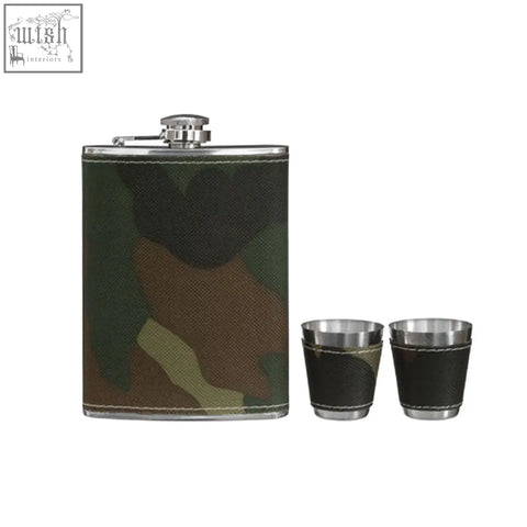 Auden camouflage hip stainless steel flask with matching black leather-wrapped shot glasses set in camo pattern