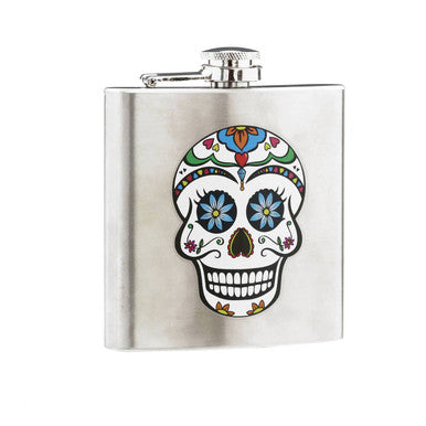 Silver auden skull design hip flask with colorful sugar skull pattern blue eyes and floral accents