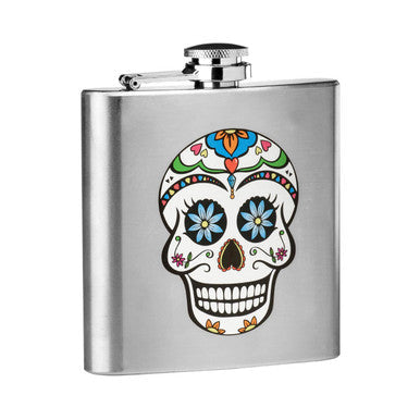 Silver auden skull design hip flask with colorful sugar skull and blue floral patterns on metal flask