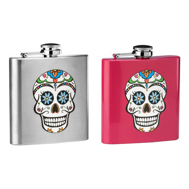 Silver and pink stainless steel auden skull design hip flasks with colorful sugar skull and floral design hip flask accents