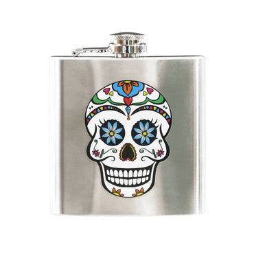 Silver auden skull design hip flask with colorful sugar skull and floral patterns in a vibrant design hip flask style
