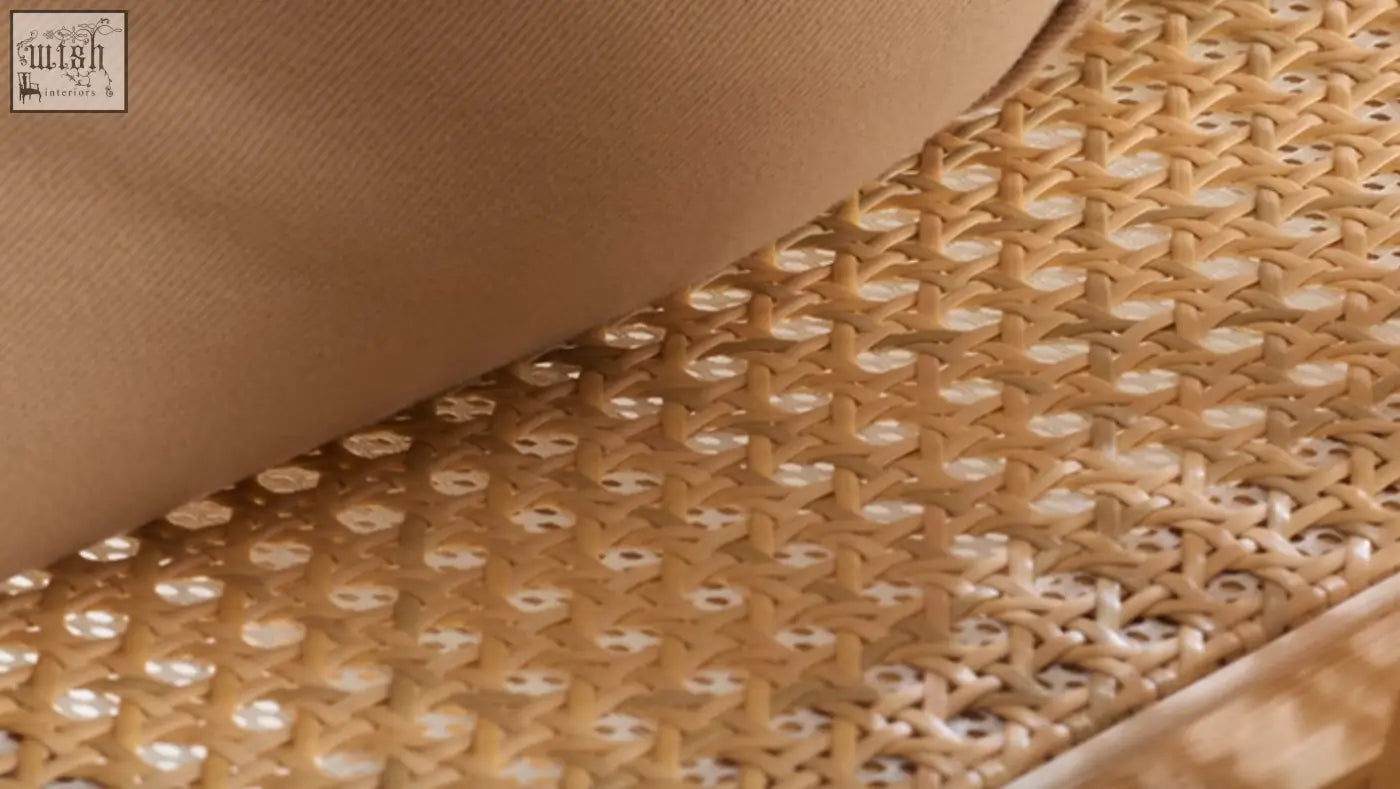 Beige woven rattan audrey folding dining chair with a smooth fabric cushion for stylish folding dining seating