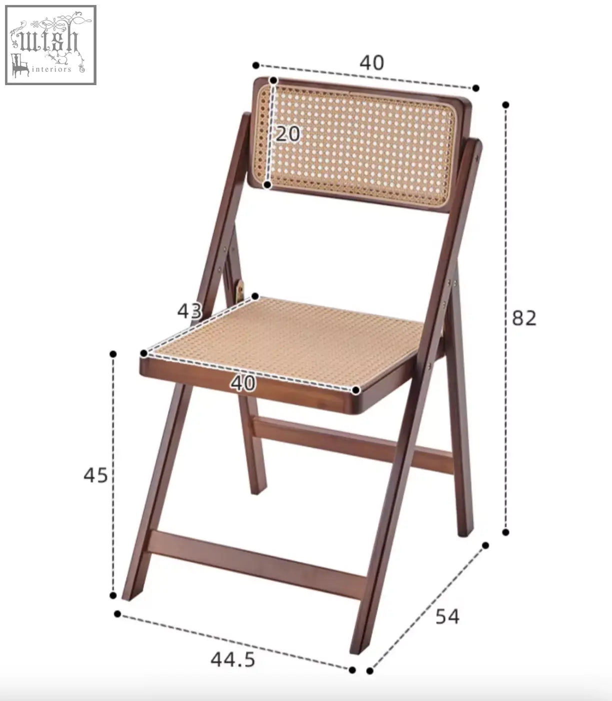 A dark brown audrey folding dining chair with a folding wooden frame and woven rattan seat and backrest
