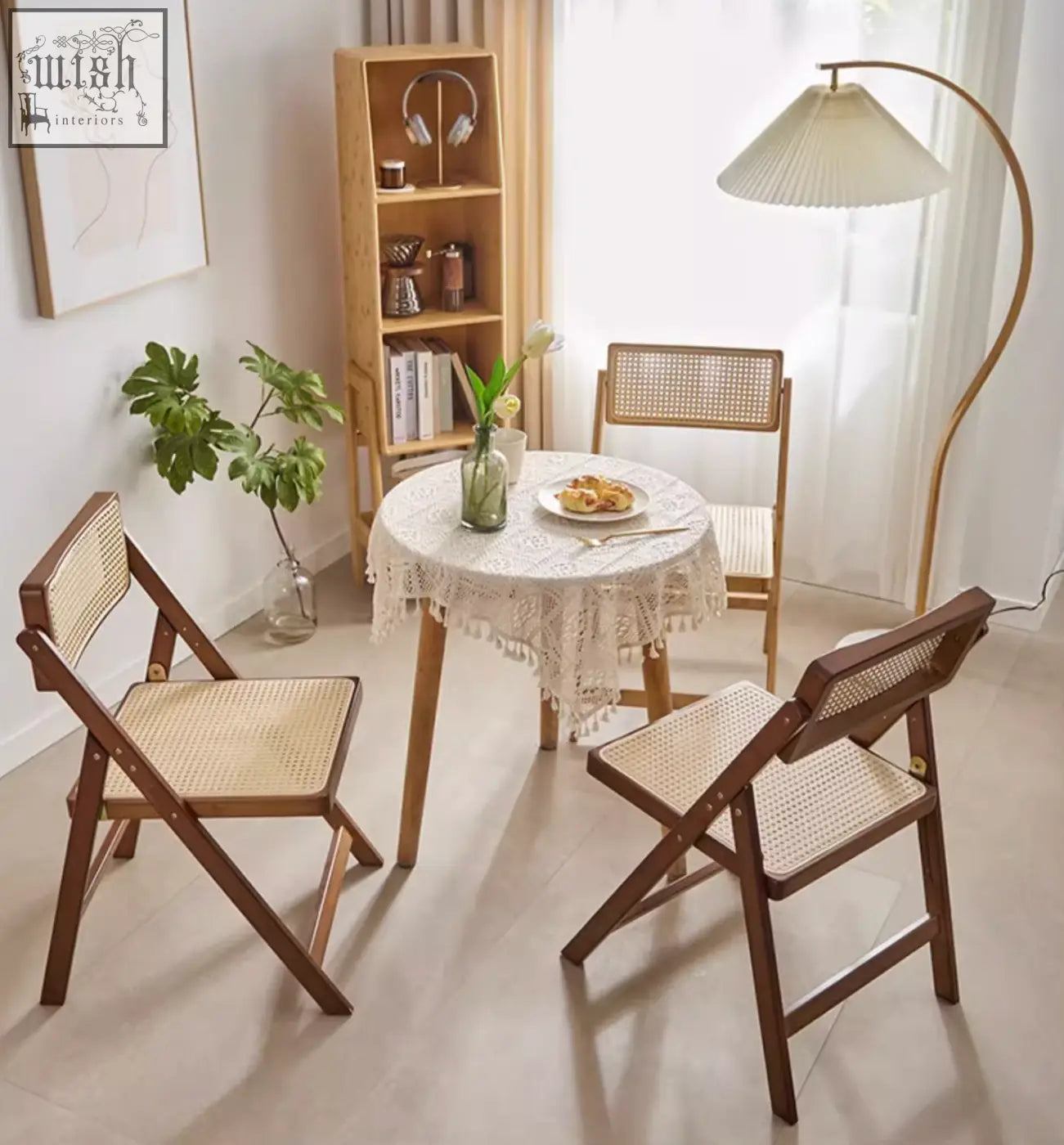 Set of two audrey folding dining wooden chairs with woven rattan seats and backs in warm brown finish