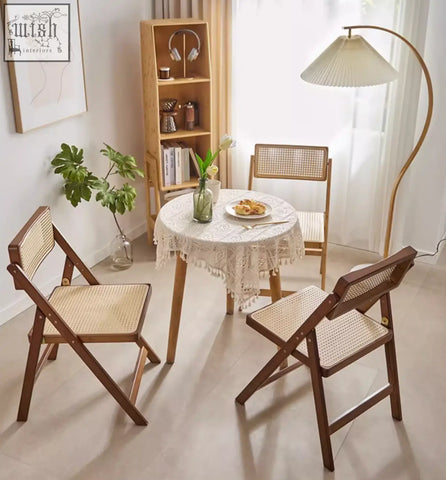 Set of two audrey folding dining wooden chairs with woven rattan seats and backs in warm brown finish