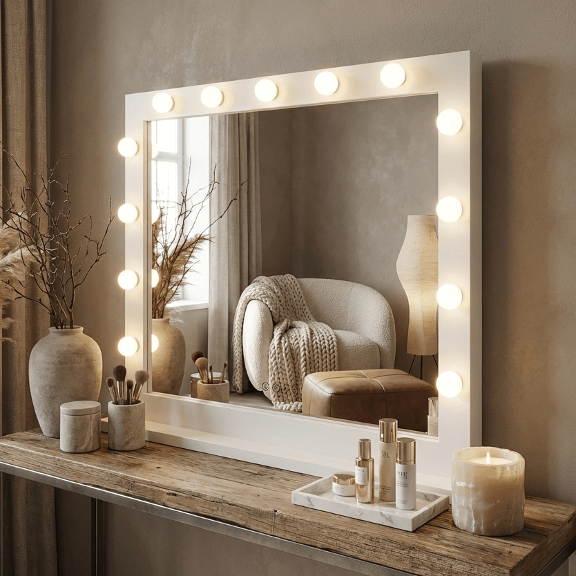 White framed audrey hollywood mirror 100x80cm with round bulbs along border perfect for hollywood mirrors setup