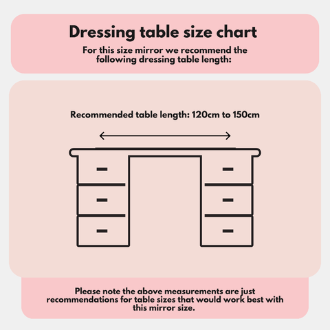 Audrey hollywood mirror white 100x80cm dressing table size chart recommends 120cm to 150cm for a perfect fit with hollywood mirrors
