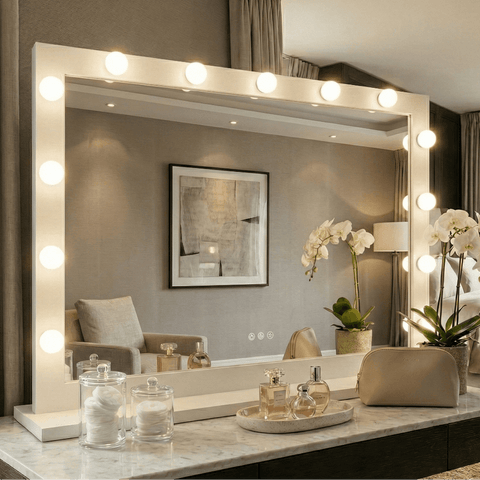 Sleek white audrey hollywood mirror 100x80cm with frame-lit border and evenly spaced circular bulbs perfect for glam setup