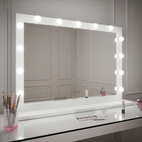A sleek white audrey hollywood mirror 100x80cm with round bulbs for bright hollywood mirrors lighting setup
