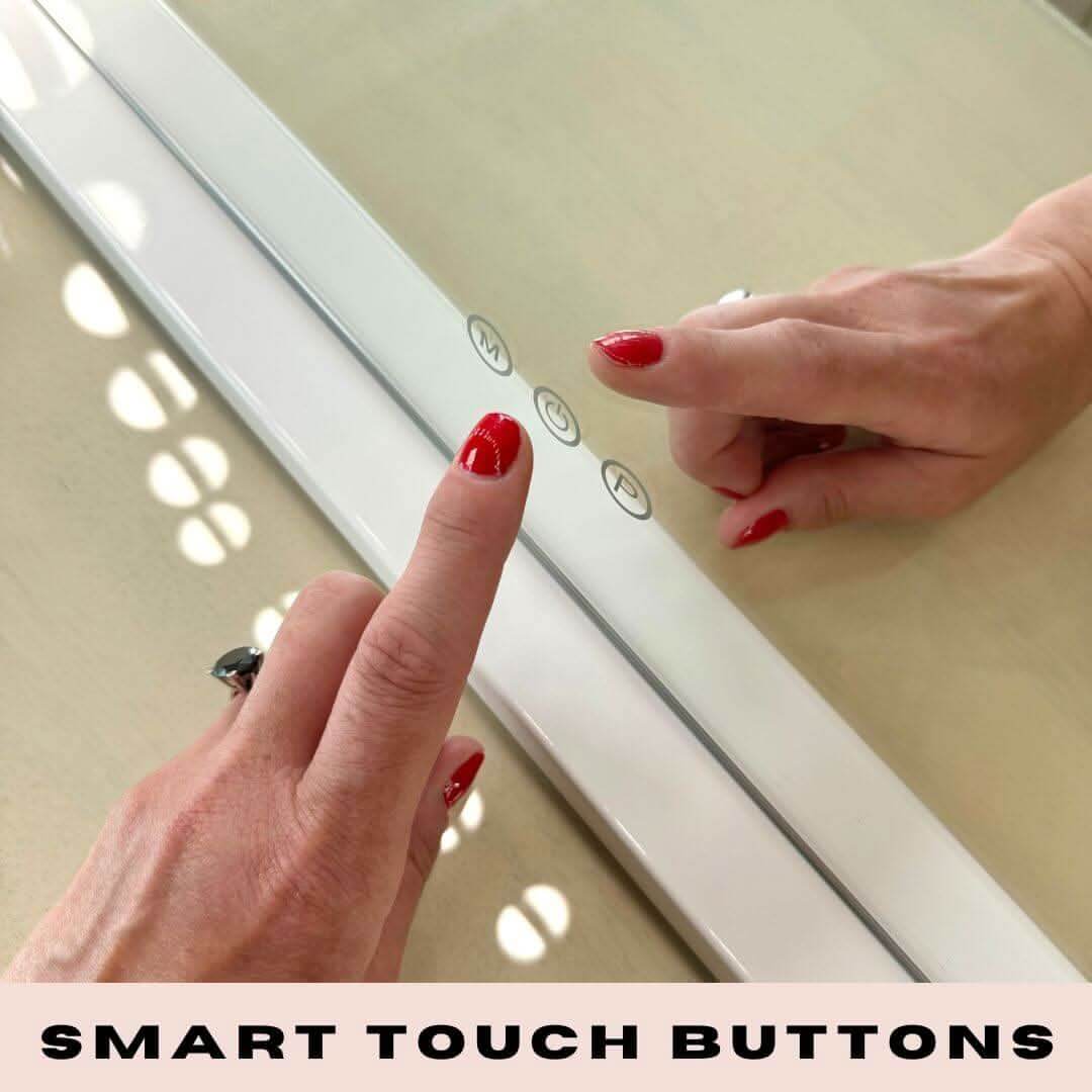 White smart touch buttons with mode cycle and power icons on audrey hollywood mirror white 100x80cm for hollywood mirrors