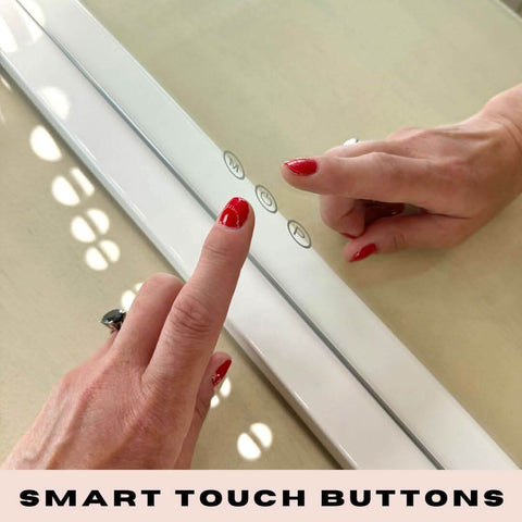 White smart touch buttons with mode cycle and power icons on audrey hollywood mirror white 100x80cm for hollywood mirrors
