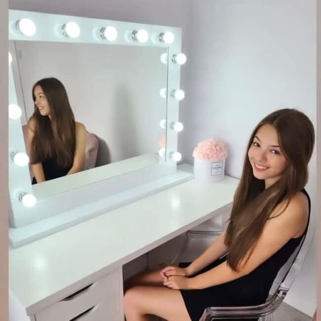White audrey hollywood mirror 100x80cm with circular light bulbs perfect for glam hollywood mirrors setup