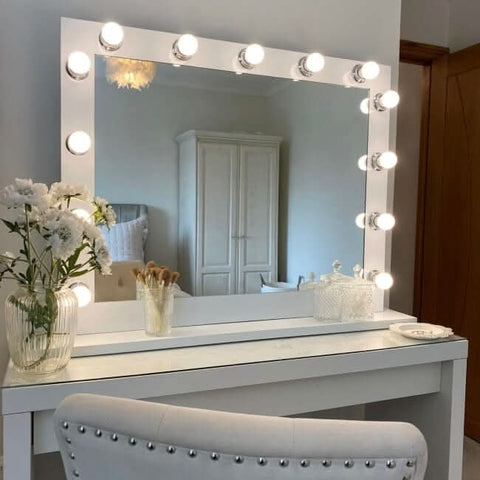 White hollywood mirror audrey 100x80cm with round bulbs on frame perfect for glam vanity setup