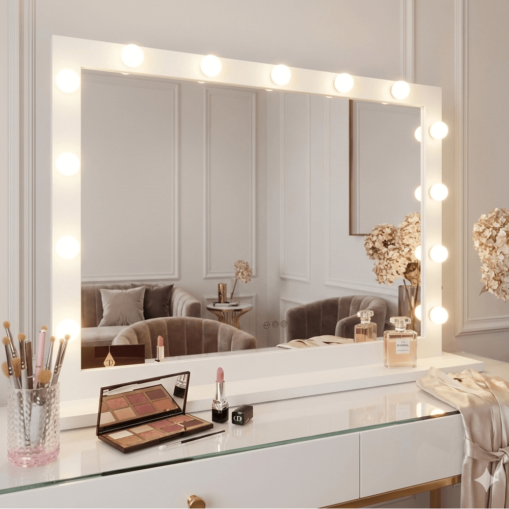 White audrey hollywood mirror 100x80cm with illuminated bulbs perfect hollywood mirror for glam decor