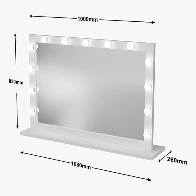 White audrey hollywood mirror 100x80cm with rectangular frame and ten round led lights for perfect glam setup