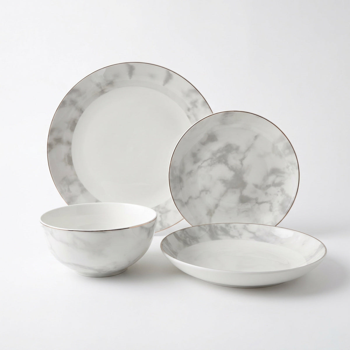 Elegant white fine bone china dinnerware set with gray marble pattern and silver rims aurelia 16-piece set