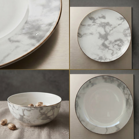 Aurelia 16-piece fine bone china dinner set with white and gray marble-patterned plates featuring a thin gold rim