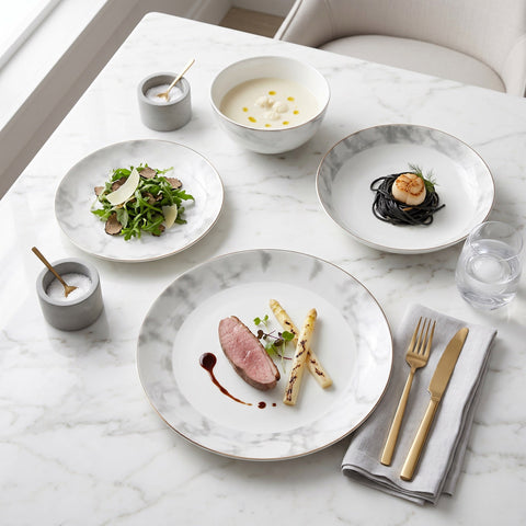 White marble patterned fine bone china dinner plate with gold rim holding medium rare duck breast and roasted asparagus