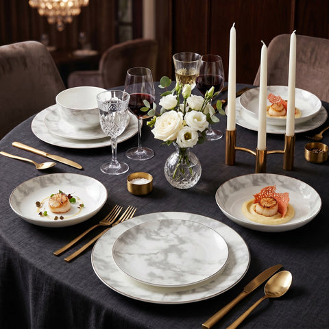 White marble patterned aurelia 16 piece fine bone china dinner set with gold toned cutlery and crystal glassware
