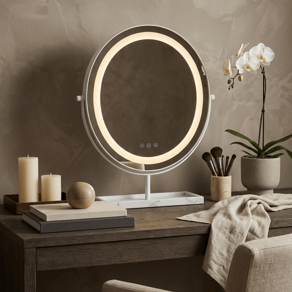 Aurelia led vanity mirror white with illuminated led ring and three buttons on genuine marble base