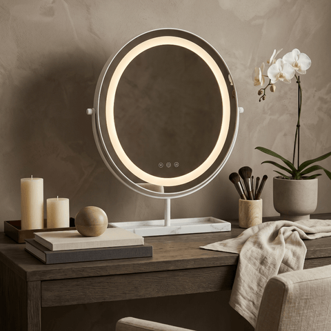Aurelia led vanity mirror white with illuminated led ring and three buttons on genuine marble base