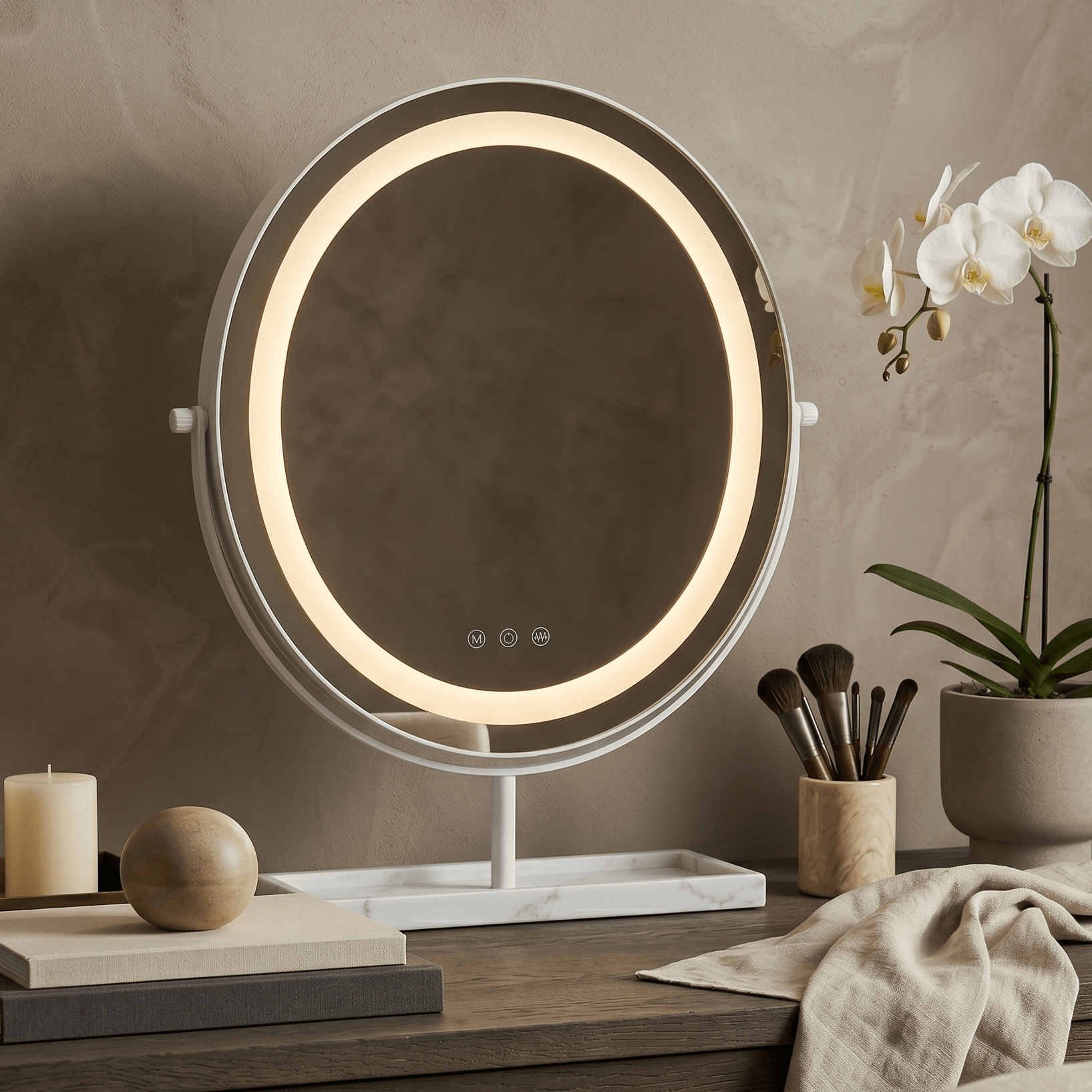 Aurelia led vanity mirror white with genuine marble base features a circular led ring and three control buttons