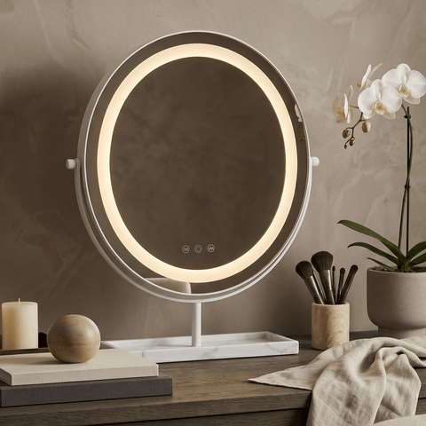 Aurelia led vanity mirror white with genuine marble base features a circular led ring and three control buttons