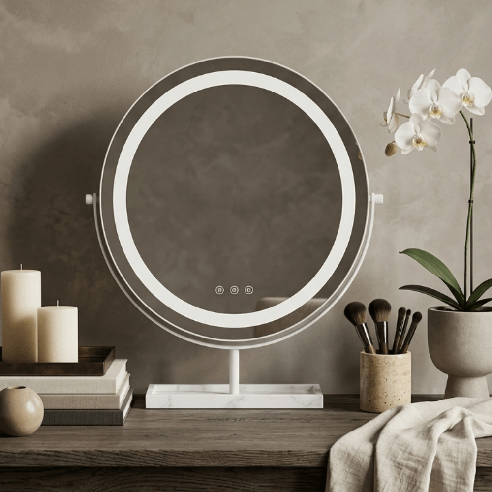 Aurelia led vanity mirror white with genuine marble base features a sleek frame and illuminated led ring with control buttons