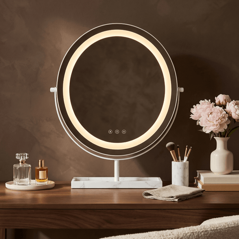 Aurelia led vanity mirror white frame with illuminated led ring resting on a genuine marble base