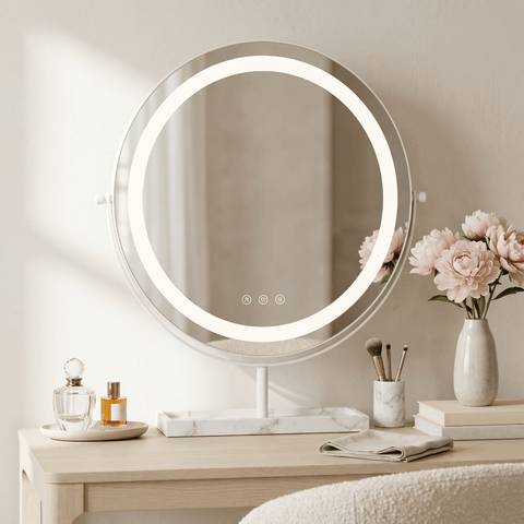 Aurelia led vanity mirror white with bright led ring light and three control buttons on glass with genuine marble base