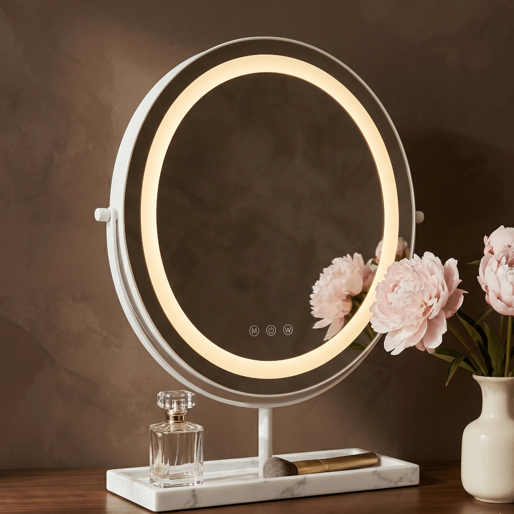 Aurelia led vanity mirror white with glowing led ring light and genuine marble base holding perfume and brush
