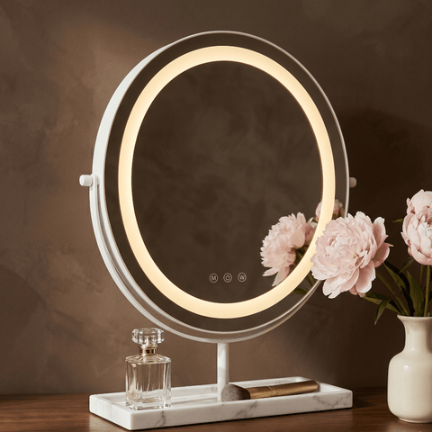 Aurelia led vanity mirror white with glowing led ring light and genuine marble base holding perfume and brush