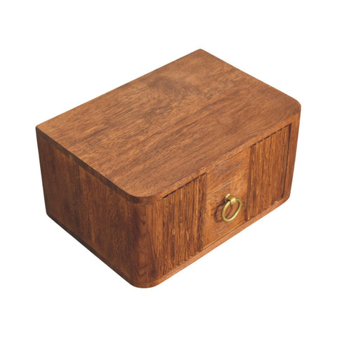 Aurelia wall bedside table wooden box with warm brown finish vertical grooves and gold ring pull handle